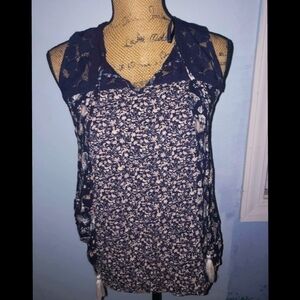 Knox Rose Sleeveless Top Boho Bohemian Small Lace Drawstrings Casual Navy Floral